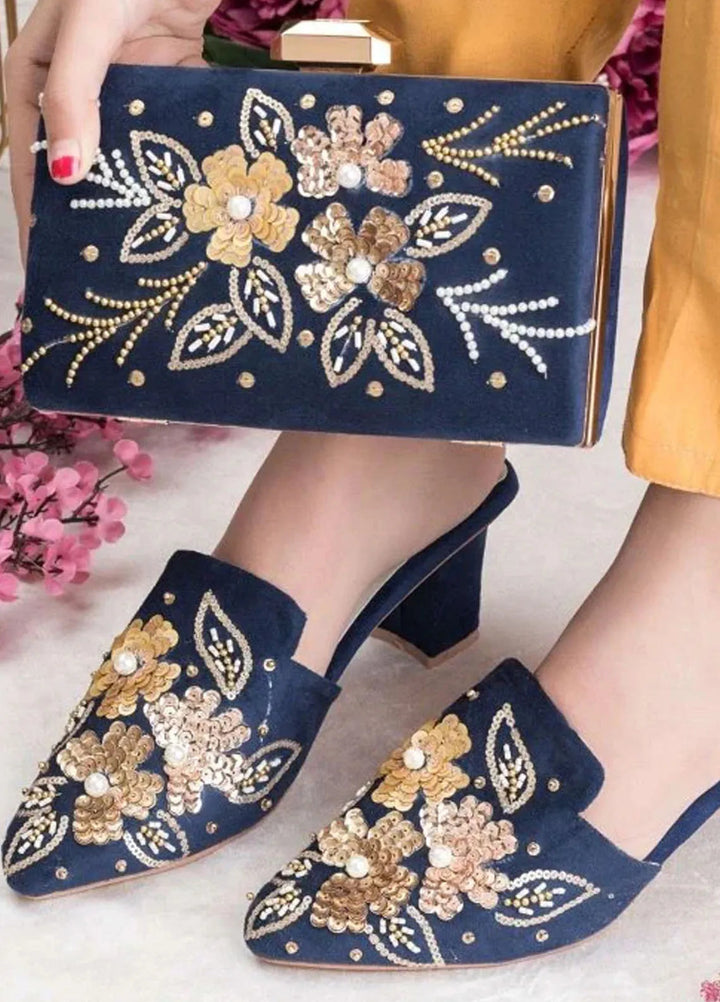 Zuruj Festive Style Heel Mules X Clutch HMC-256-Navy Blue