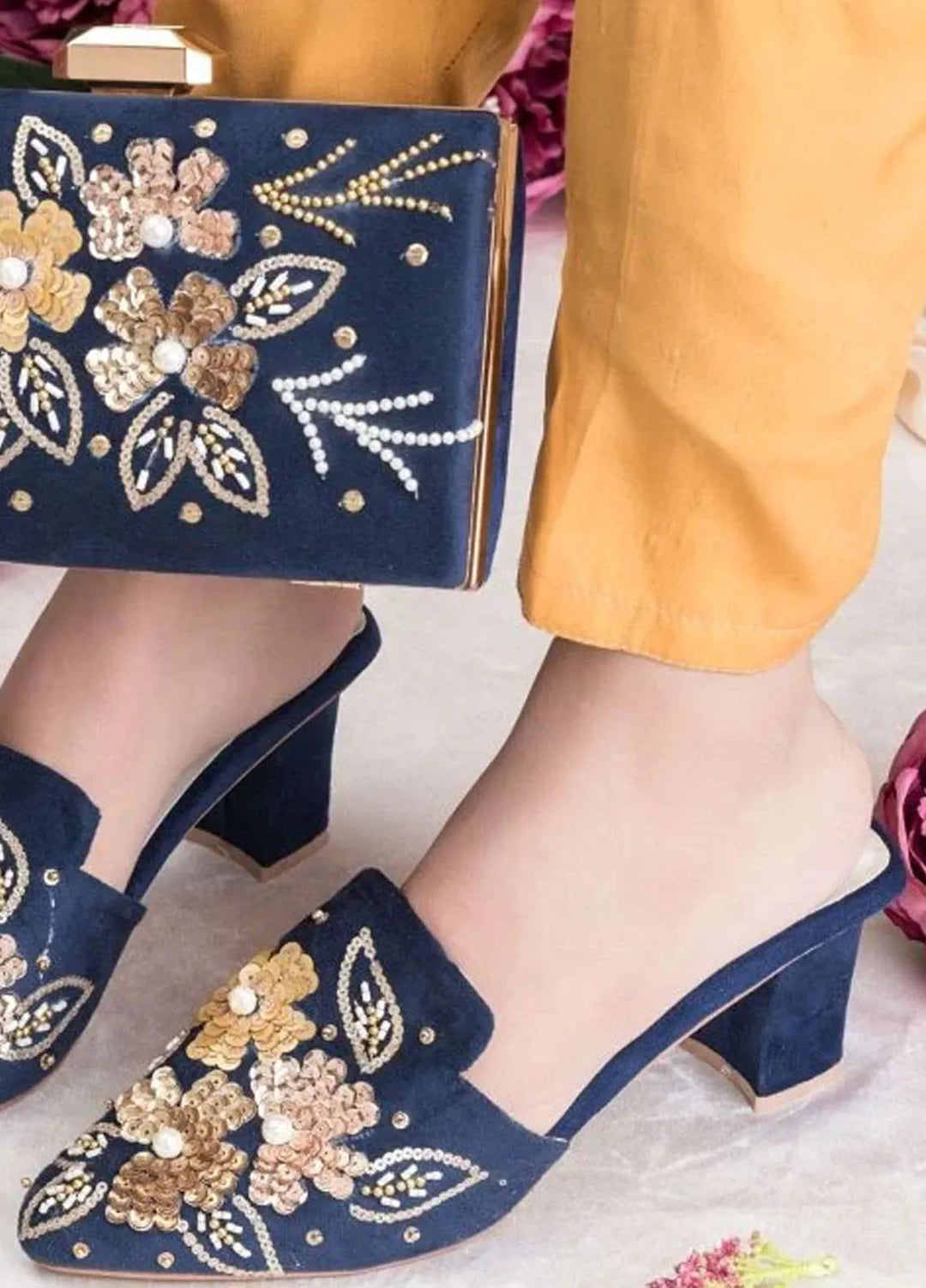 Zuruj Festive Style Heel Mules X Clutch HMC-256-Navy Blue